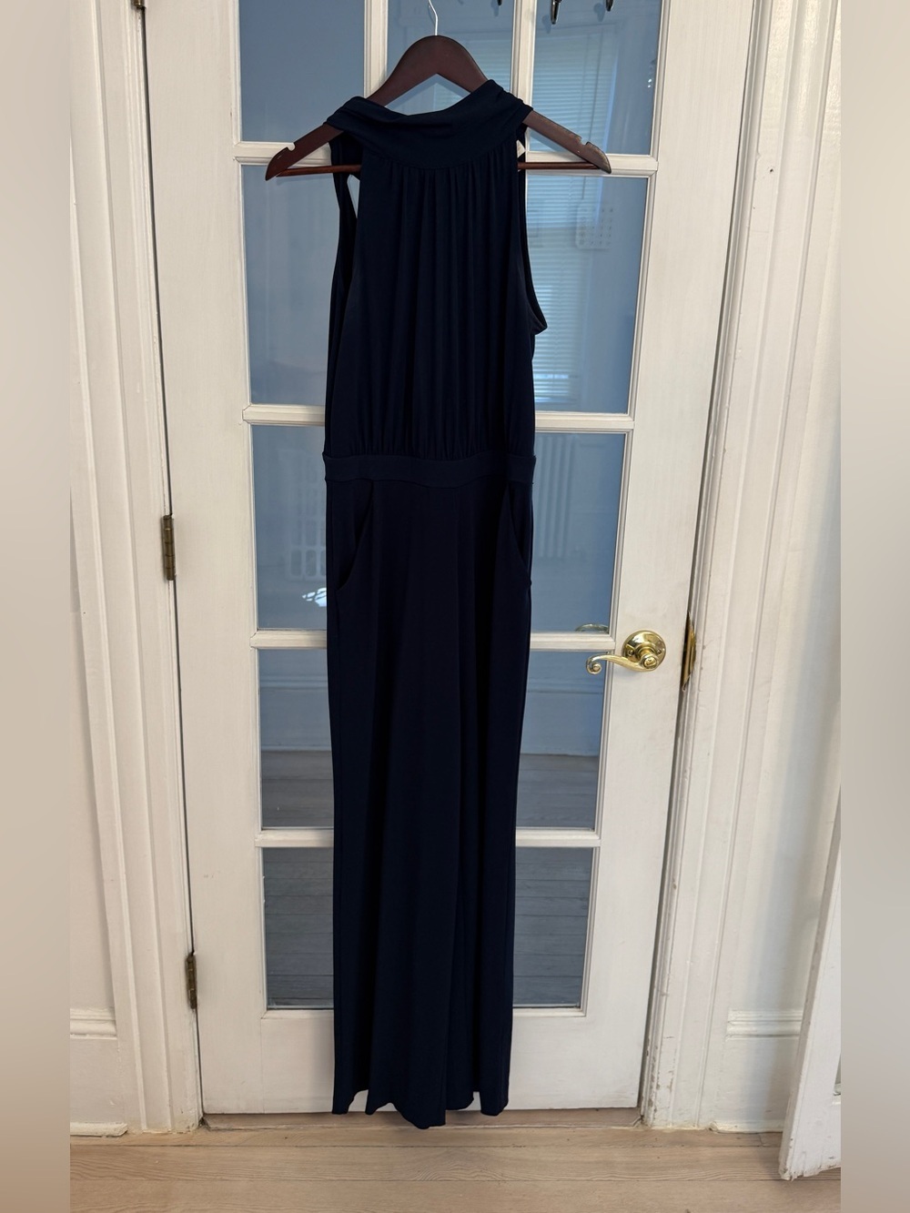 NEW YORK & COMPANY Womenโs Navy Blue Halter Neck Sleeveless Dressy Jumpsuit